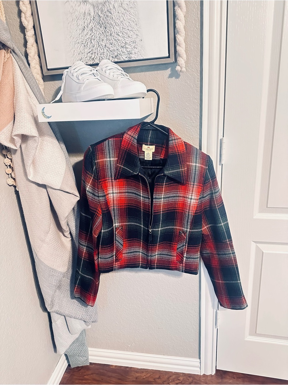 The Limited Red & Black Plaid Cropped Jean Jacket